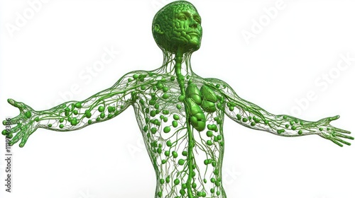 Comprehensive 3D illustration of human lymphatic system, isolated on white background photo