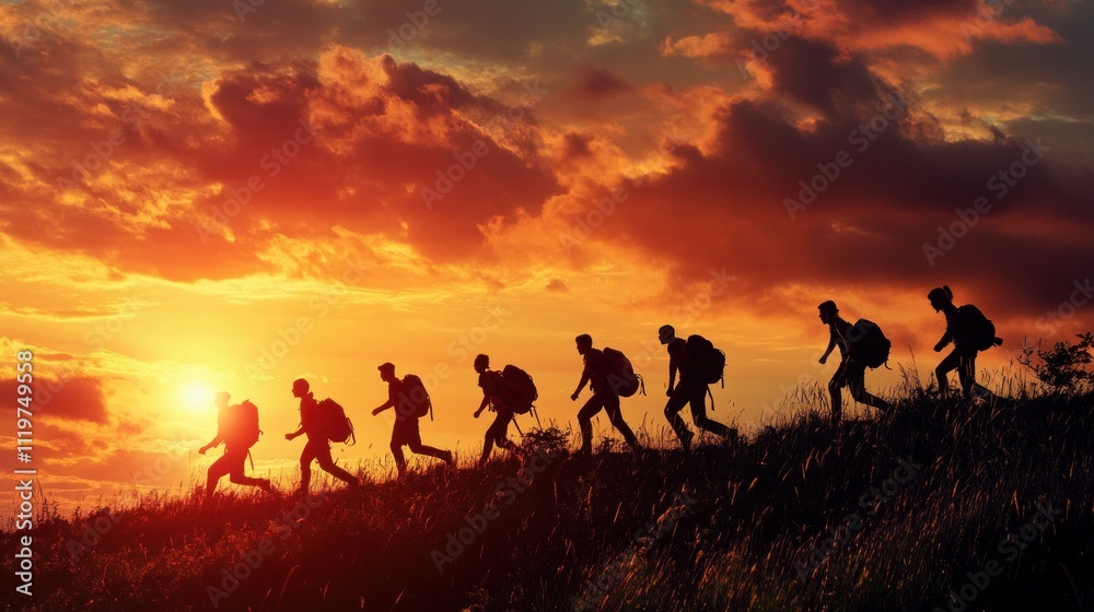 Hikers silhouetted against a vibrant sunset, ascending a hill. Hikers silhouetted against a vibrant sunset, ascending a hill.