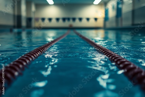 A tranquil indoor swimming pool scene captured with a focus on the stunning water surface. Perfect for sports enthusiasts and fitness lovers. Generative AI photo