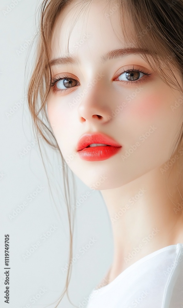 Portrait of a young woman with soft features and natural makeup. Portrait of a young woman with soft features and natural makeup.