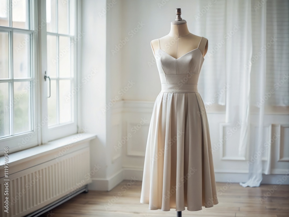 Fototapeta premium Elegant Minimalist Photography of a Sweetheart Neck Dress Showcased in a Soft, Neutral Setting with Subtle Textures and Natural Lighting for Fashion Enthusiasts