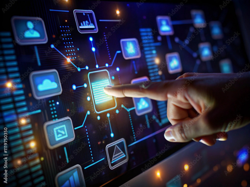 Fototapeta premium Futuristic technology interface, glowing cloud symbol, digital network connections, hand pointing, modern data visualization, cyber-intelligence, blue and neon lighting, high-tech atmosphere, innovati