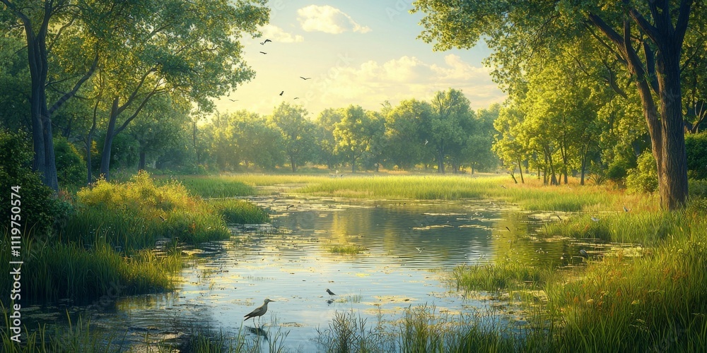Fototapeta premium Serene Wetland Landscape Birds Cattails Sunlit Water Tranquil Nature Scene