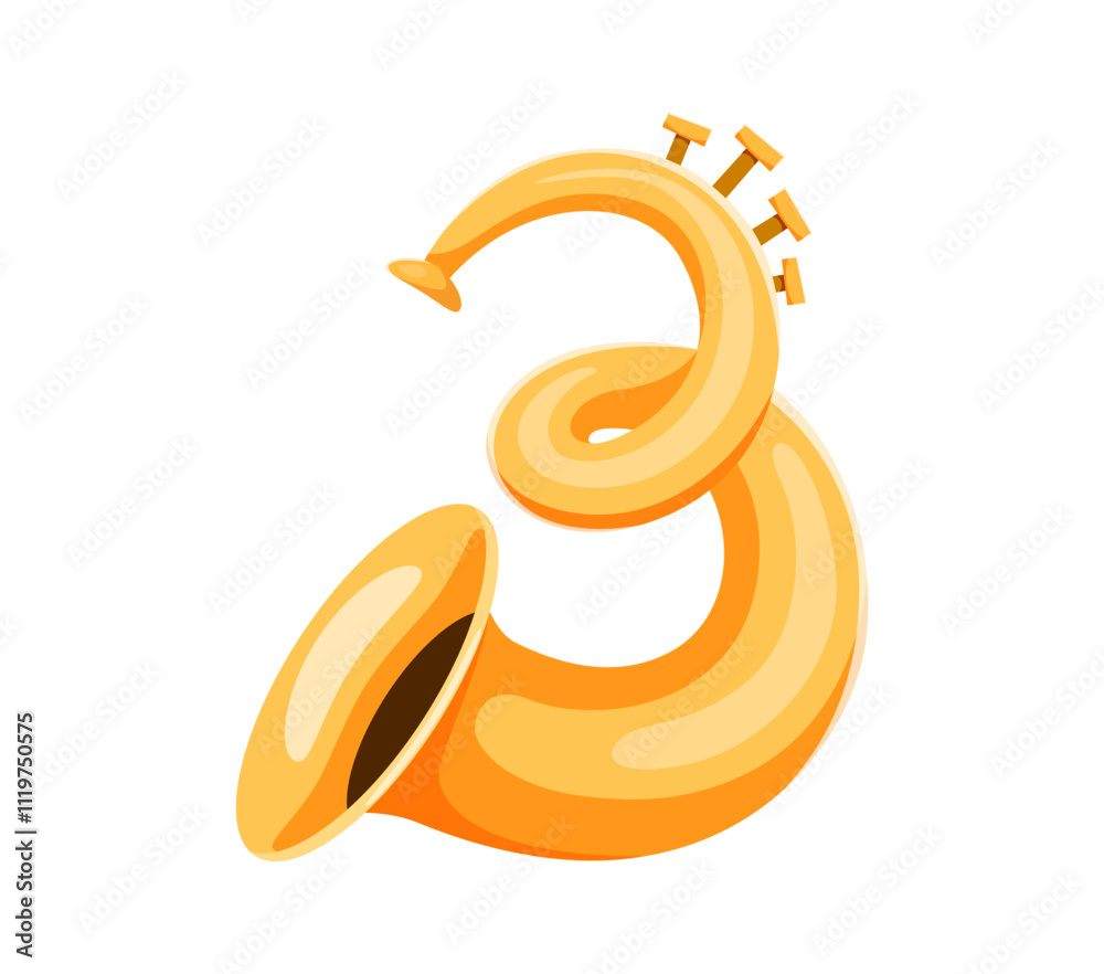 Obraz premium Horn musical instrument font 3 digit symbol. Sound festival classic equipment latin alphabet isolated vector numeral symbol, musician acoustic sax brass instrument arabic three digit or font figure
