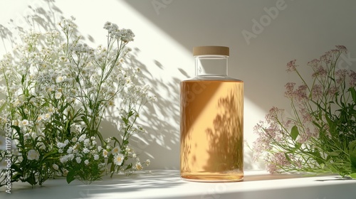 Wallpaper Mural A glass bottle filled with amber liquid, surrounded by delicate flowers in soft lighting. Torontodigital.ca