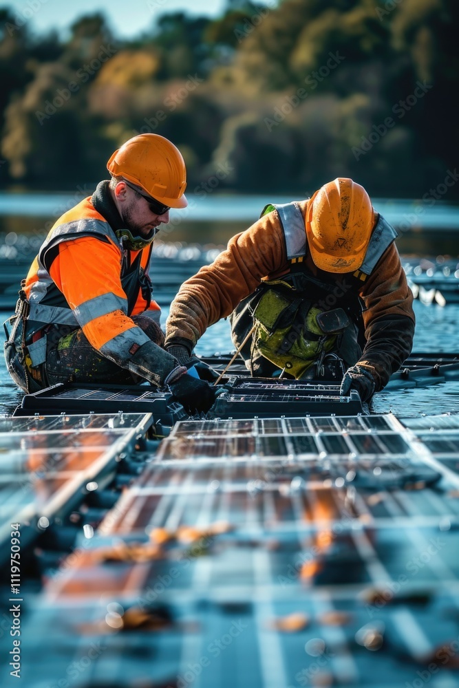 Two workers in orange attire fix a metal component, great for industrial or automotive settings Two workers in orange attire fix a metal component, great for industrial or automotive settings