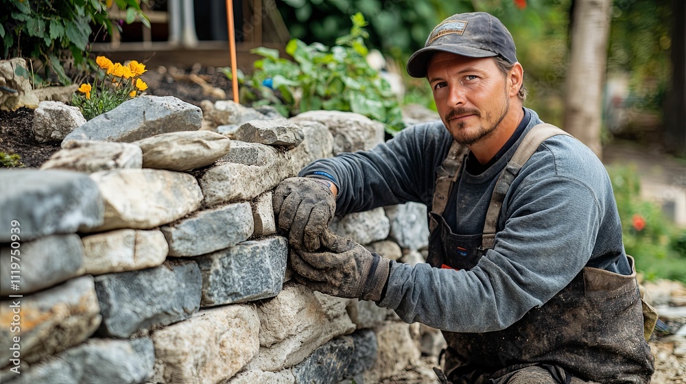 Stone Mason Building A Retaining Wall With Stones Stone Mason Building A Retaining Wall With Stones