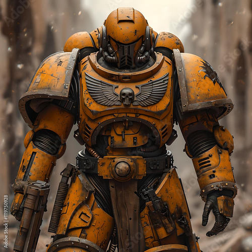 Armored Warrior in Battle-Scarred Power Suit,

