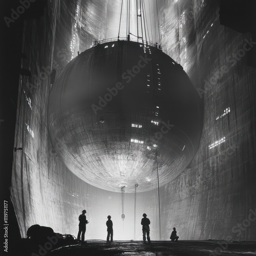 A large spherical structure is suspended in a dimly lit industrial space with silhouetted figures.