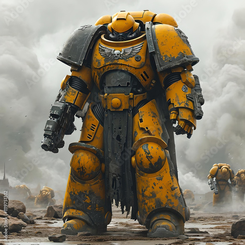 Armored Warrior in Battle-Scarred Power Suit,

