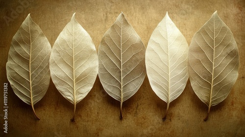 Five dried leaves arranged in a row on a textured background, showing subtle variations in color and tone. photo