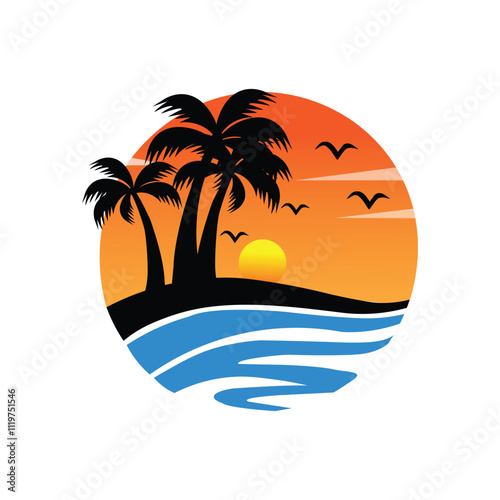 Logo for beach vacation with coconut tree and sunset design