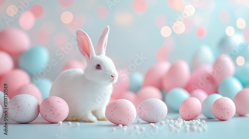 white rabbit sits among pastel pink and light blue eggs