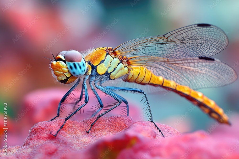 A dragonfly perched on top of a bright pink flower, with intricate details A dragonfly perched on top of a bright pink flower, with intricate details