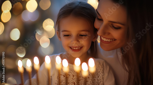 Joyful Hanukkah Celebration with Family, Glowing Menorah Lights Scene. Hanukkah festive celebration concept photo