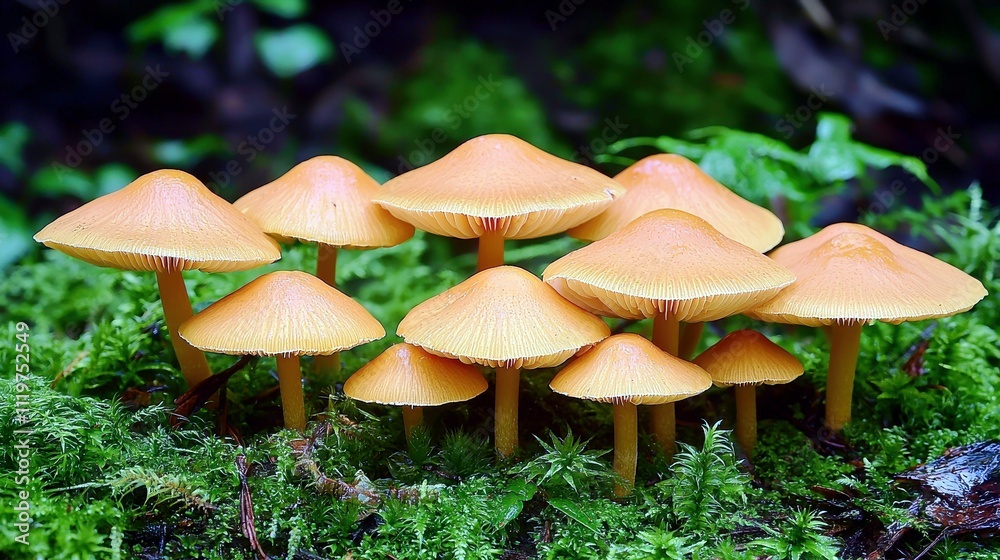Vibrant Orange Mushrooms Growing on Mossy Ground in Lush Forest Environment Vibrant Orange Mushrooms Growing on Mossy Ground in Lush Forest Environment
