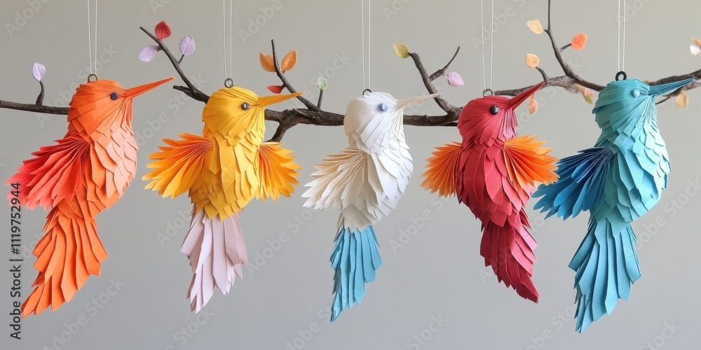 Colorful paper hummingbirds hanging from a branch create a vibrant display of artistry and creativity in a cheerful setting Colorful paper hummingbirds hanging from a branch create a vibrant display of artistry and creativity in a cheerful setting