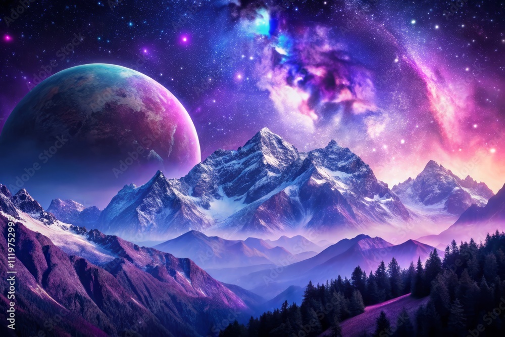 Enchanting Purple Planet Surrounded by Majestic Mountains Under a Starry Sky with Bokeh Effect for a Dreamy Landscape Experience