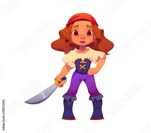 Cartoon kid girl pirate corsair character in carnival party costume with a saber. Vector happy smiling child buccaneer personage in bandana on head holding a sword. Isolated baby in filibuster dress