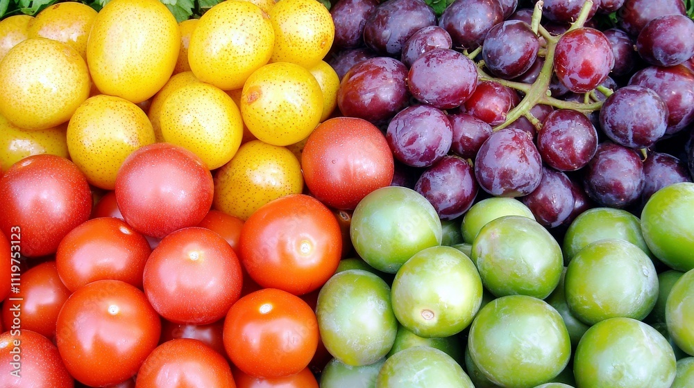 Vibrant Collection of Fresh Fruits and Vegetables Displayed in a Market Environment with Various Colors and Textures Vibrant Collection of Fresh Fruits and Vegetables Displayed in a Market Environment with Various Colors and Textures