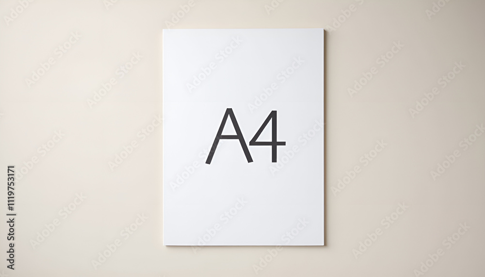 mockup of A4 printer paper displayed on a beige wall