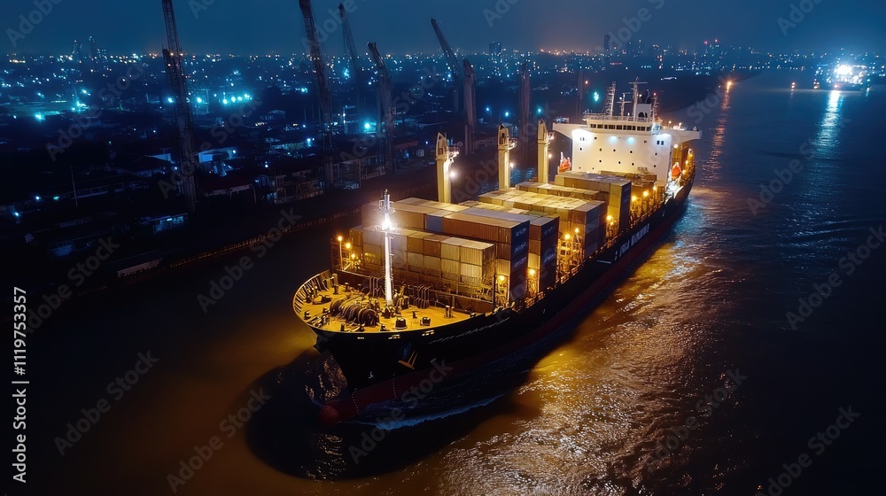 Container ship in import export and business logistic,By crane , Trade Port, Shipping, cargo to harbor, Water transport, International, Shell Marine, Top view, At night Container ship in import export and business logistic,By crane , Trade Port, Shipping, cargo to harbor, Water transport, International, Shell Marine, Top view, At night