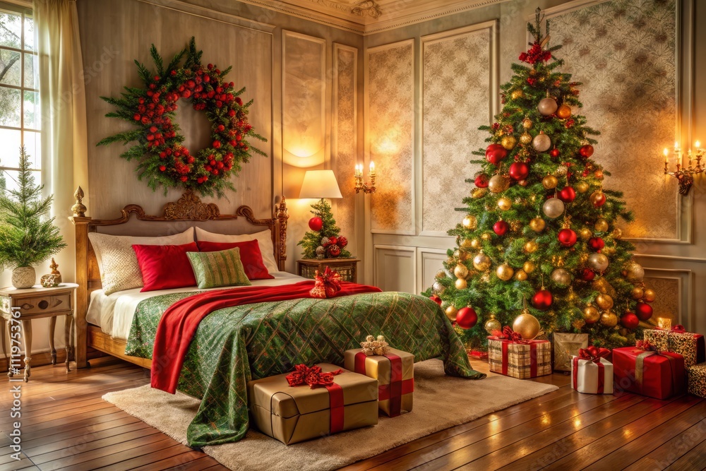 Festive Bedroom Decor for Christmas with Elegant Bed, Red and Green Pillows, Large Tree, and Scattered Presents Creating a Cozy Holiday Atmosphere Festive Bedroom Decor for Christmas with Elegant Bed, Red and Green Pillows, Large Tree, and Scattered Presents Creating a Cozy Holiday Atmosphere