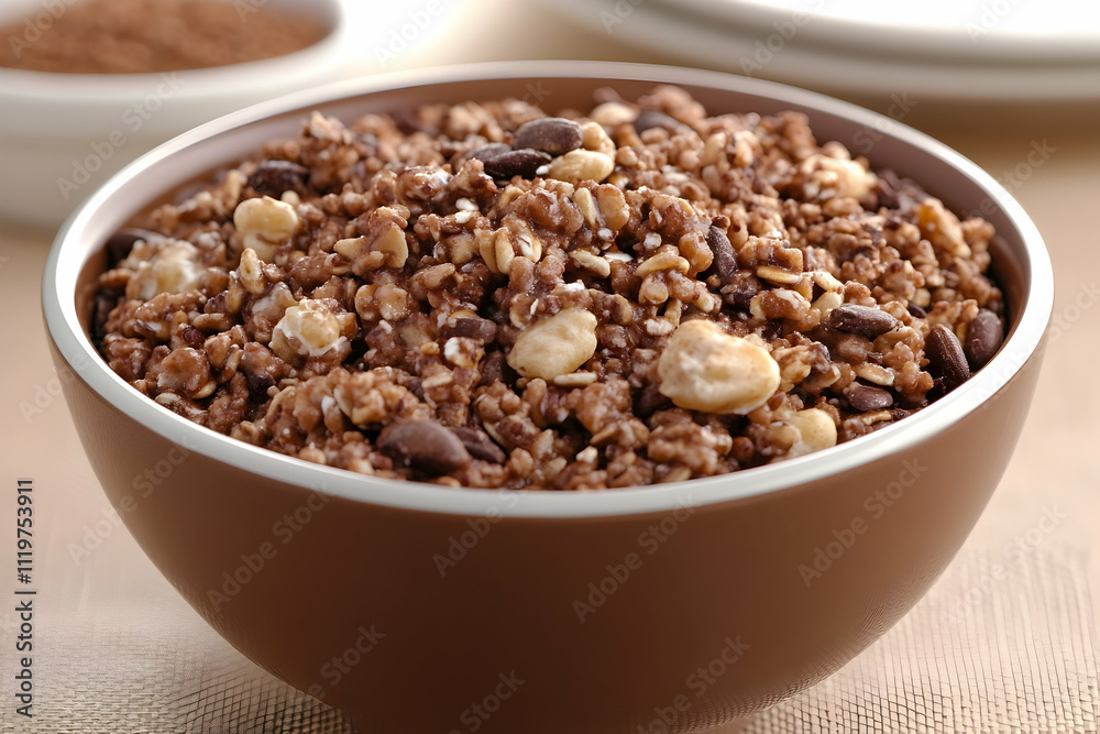 Bowl of chocolate granola with nuts and cocoa powder. Bowl of chocolate granola with nuts and cocoa powder.