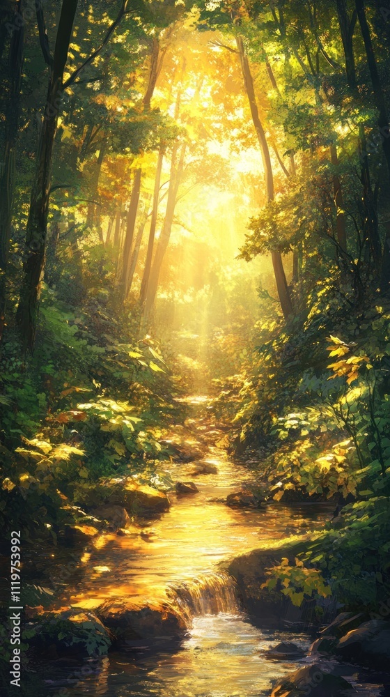 Obraz premium Golden Sunlight Illuminates Forest Stream Path
