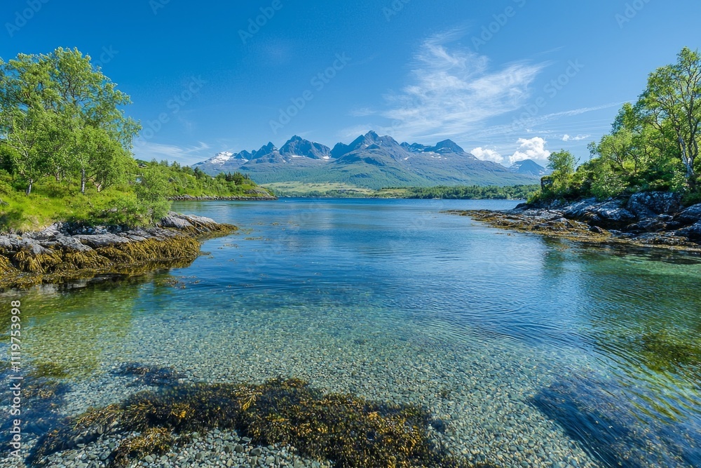 A scene of the Norwegian fjords, with crystal-clear waters and majestic mountains in the background. 