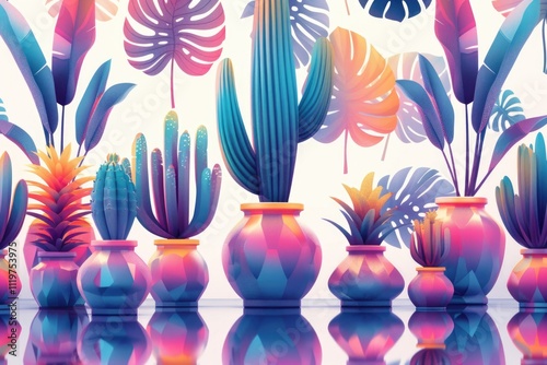 Collection of vases containing various plant species, ideal for home decor or botanical illustrations