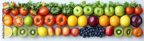 Colorful Arrangement of Fresh Fruits and Vegetables on White Background for Health and Nutrition Concepts