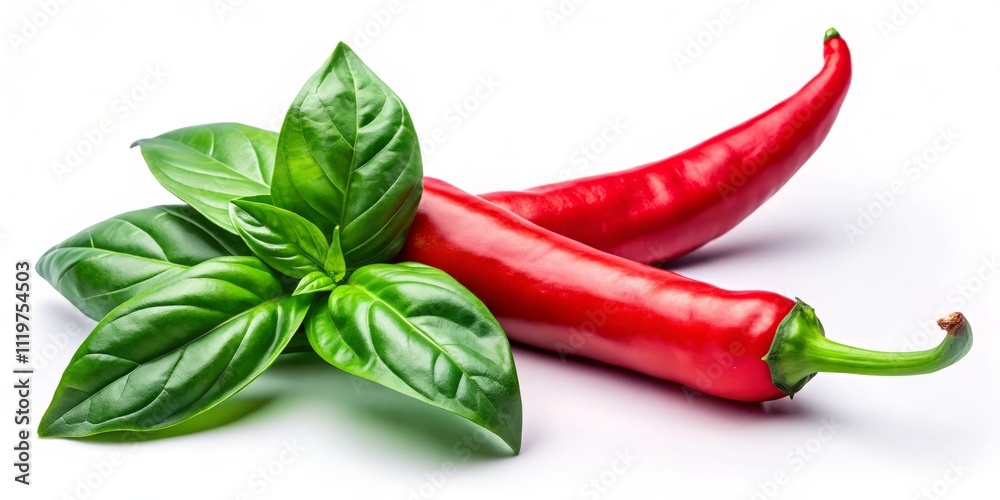 Fresh Basil Leaves and Red Chili Pepper Isolated on White Background for Cooking Ingredients and Spice Collection, with Natural Shadow and Copy Space for Design Use Fresh Basil Leaves and Red Chili Pepper Isolated on White Background for Cooking Ingredients and Spice Collection, with Natural Shadow and Copy Space for Design Use