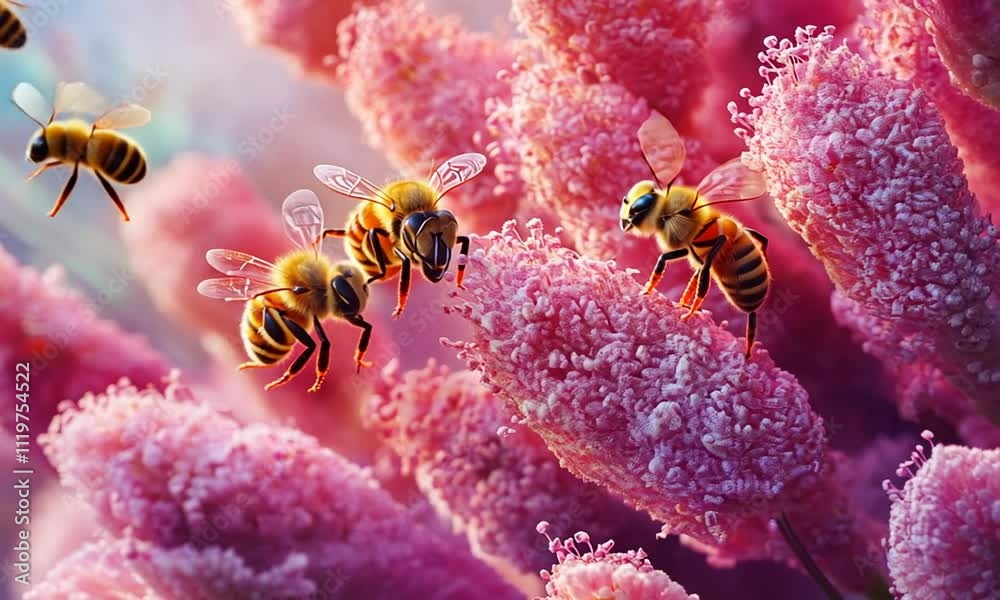A vibrant scene of bees pollinating pink flowers, showcasing nature's beauty and ecosystem.
