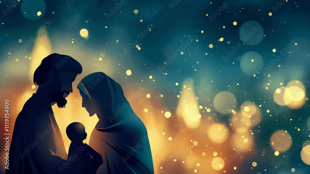 Joseph, Mary and Baby Jesus in the crib, nativity scene in the Bethlehem, beautiful art. Christmas holidays greeting card with Holy family. Joseph, Mary and Baby Jesus in the crib, nativity scene in the Bethlehem, beautiful art. Christmas holidays greeting card with Holy family.