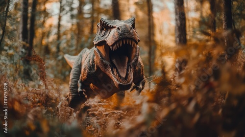 Fototapeta Naklejka Na Ścianę i Meble -  A roaring dinosaur charges through a dense forest. Its fierce expression captures the essence of power and prehistoric wonders. A thrilling sight for any wildlife enthusiast. Generative AI