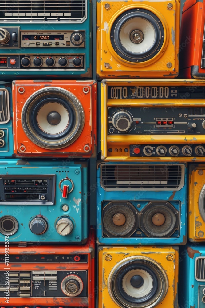 Fototapeta premium Old fashioned radios piled up, various models and styles