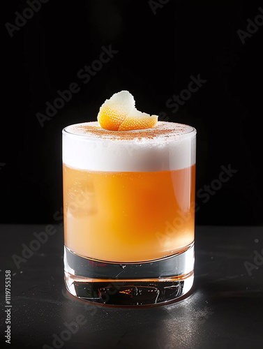 A whiskey sour in a coupe glass, topped with a frothy foam layer and an angostura bitters design