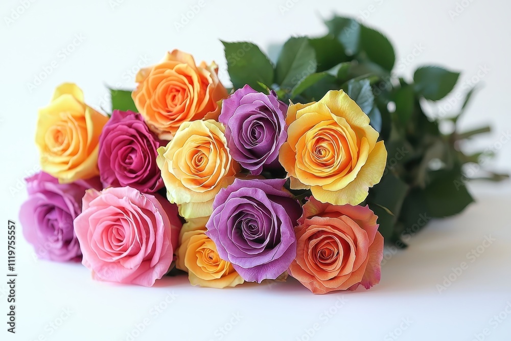 Beautiful Floral Arrangement of Yellow, Pink, and Purple Roses on White Background Beautiful Floral Arrangement of Yellow, Pink, and Purple Roses on White Background
