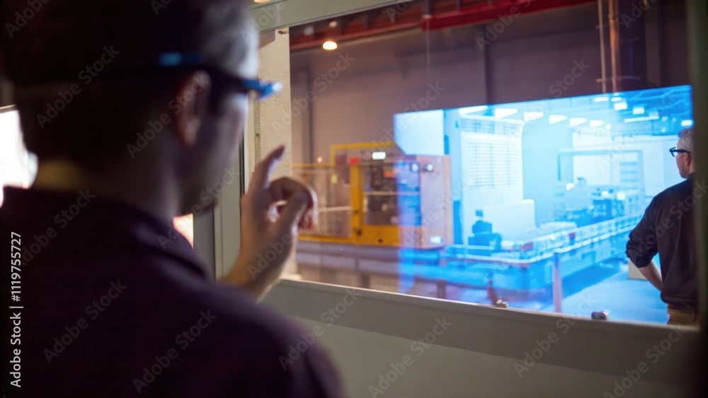 A worker demonstrating a smart glass interface that simulates various factory scenarios for training purposes making learning interactive. A worker demonstrating a smart glass interface that simulates various factory scenarios for training purposes making learning interactive.