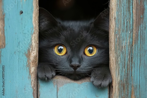 Curious Feline Peering Through Weathered Frame photo