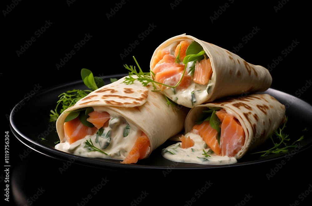 a plate with a wrap filled with salmon a plate with a wrap filled with salmon