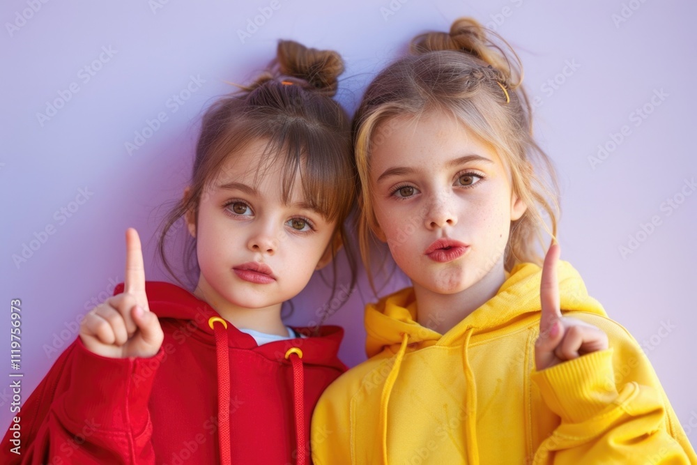 Two children posing for a photo shoot with big smiles Two children posing for a photo shoot with big smiles