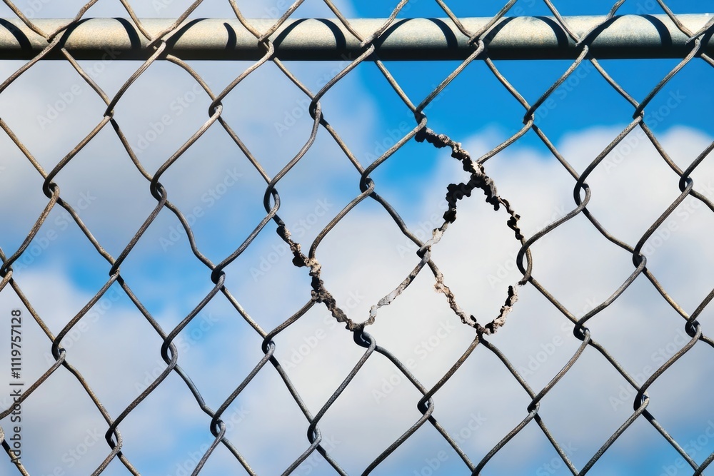 A chain link fence with a bright blue sky in the background, great for outdoor and nature-themed images