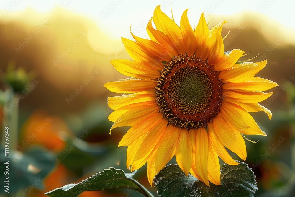 Obraz premium A bright yellow sunflower stands tall in a green field, surrounded by tall grasses and wildflowers