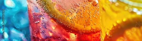 Close-up photograph of a colorful cocktail, highlighting its textures and vivid hues, creating an appetizing and visually appealing image