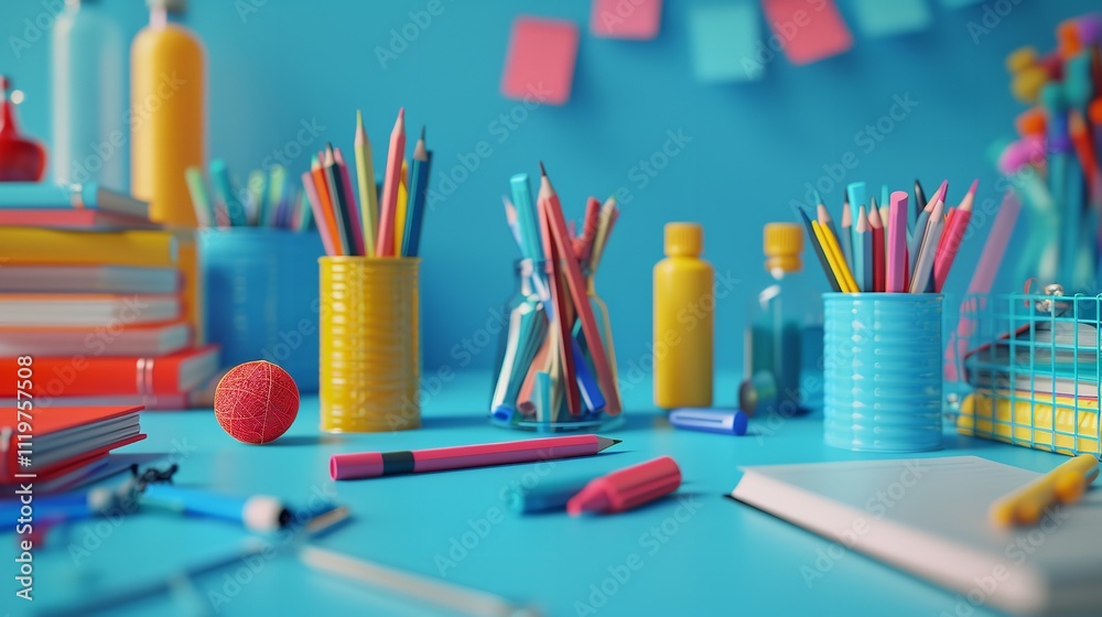 School books pencils markers and other accessories arranged on blue background, Ai Generative. School books pencils markers and other accessories arranged on blue background, Ai Generative.