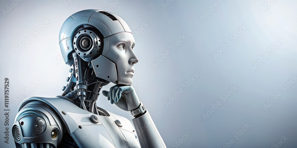 Innovative Artificial Intelligence Robot Deep in Thought on a White Background with Ample Copy Space for Creative Use in Technology and Futurism Themes Innovative Artificial Intelligence Robot Deep in Thought on a White Background with Ample Copy Space for Creative Use in Technology and Futurism Themes