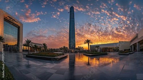 A panoramic picture of al faisaliah tower in the city of riyadh in the kingdom of saudi arabia at sunset, the towers and skyscrapers, the architectural art, the famous towers and landmarks of riyadh photo