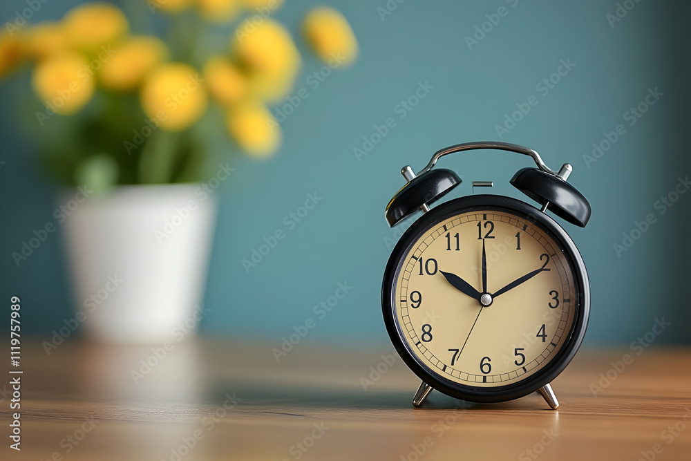 Classic alarm clock showing seven o'clock, sitting on a wooden surface with blurred yellow flowers in background. Classic alarm clock showing seven o'clock, sitting on a wooden surface with blurred yellow flowers in background.